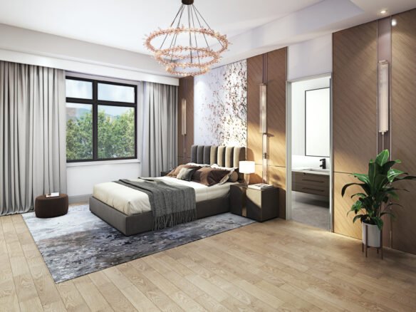 A spacious bedroom with a modern design features a large bed, patterned rug, and leafy plant. Neutral-colored walls complement the large window with curtains, while a contemporary chandelier adds elegance. An open door reveals a glimpse of the bathroom. Ideal for those seeking new homes in GTA.
