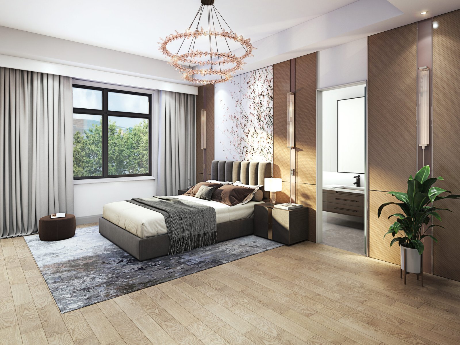 A spacious bedroom with a modern design features a large bed, patterned rug, and leafy plant. Neutral-colored walls complement the large window with curtains, while a contemporary chandelier adds elegance. An open door reveals a glimpse of the bathroom. Ideal for those seeking new homes in GTA.