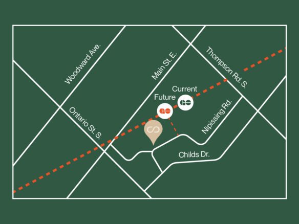 The map highlights streets with "Current" and "Future" locations marked for new homes. Streets include Woodward Ave., Main St. E., Thompson Rd. S., Ontario St. S., Nipissing Rd., and Childs Dr. A dashed red line cuts diagonally across the map, indicating key areas for pre-construction homes.
