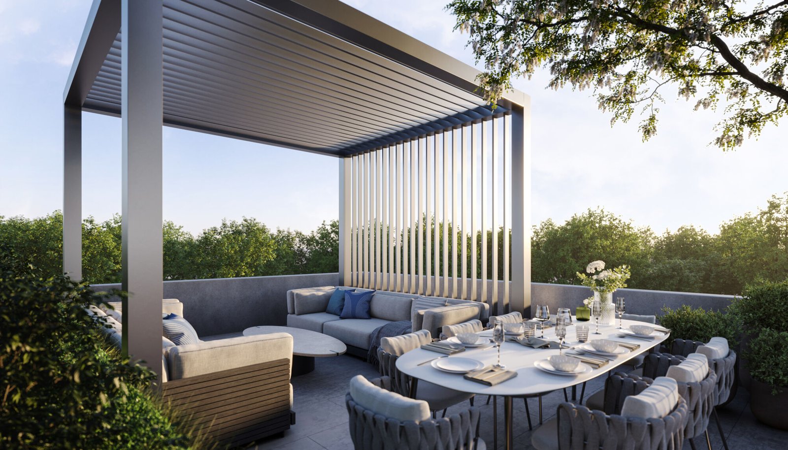 A modern outdoor patio at Mile & Creek Condos features a sleek pergola, a comfortable seating area with cushions, and a dining table set for six. Surrounded by lush greenery, the serene scene is beautifully illuminated under a clear sky. A modern outdoor patio at Mile & Creek Condos features a sleek pergola, a comfortable seating area with cushions, and a dining table set for six. Surrounded by lush greenery, the serene scene is beautifully illuminated under a clear sky.