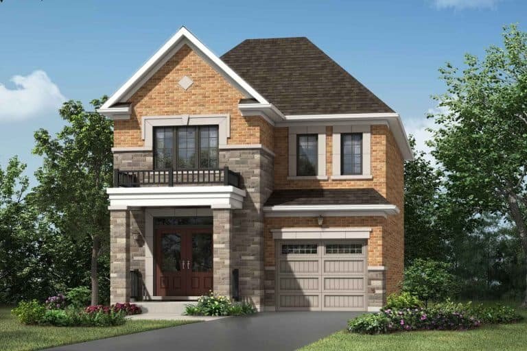 This charming two-story brick house by Mattamy Homes features a gabled roof, attached garage, and inviting front porch. Nestled in the lush surroundings of Seaton Whitevale, its driveway leads to an enchanting entrance under a picturesque blue sky. This charming two-story brick house by Mattamy Homes features a gabled roof, attached garage, and inviting front porch. Nestled in the lush surroundings of Seaton Whitevale, its driveway leads to an enchanting entrance under a picturesque blue sky.