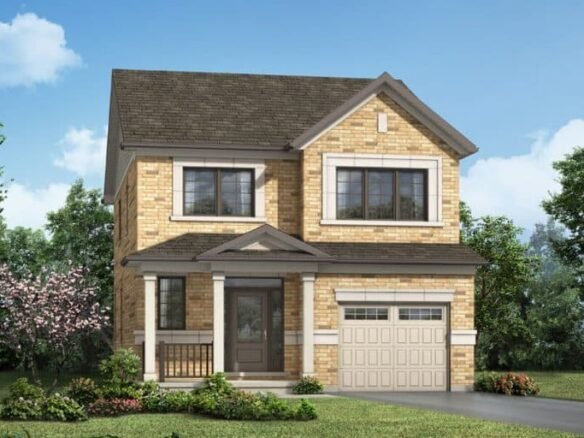 A two-story brick house, crafted by Mattamy Homes, with a peaked roof features a front porch and an attached garage. The home is surrounded by green lawns, bushes, and trees under the clear Seaton Whitevale sky.