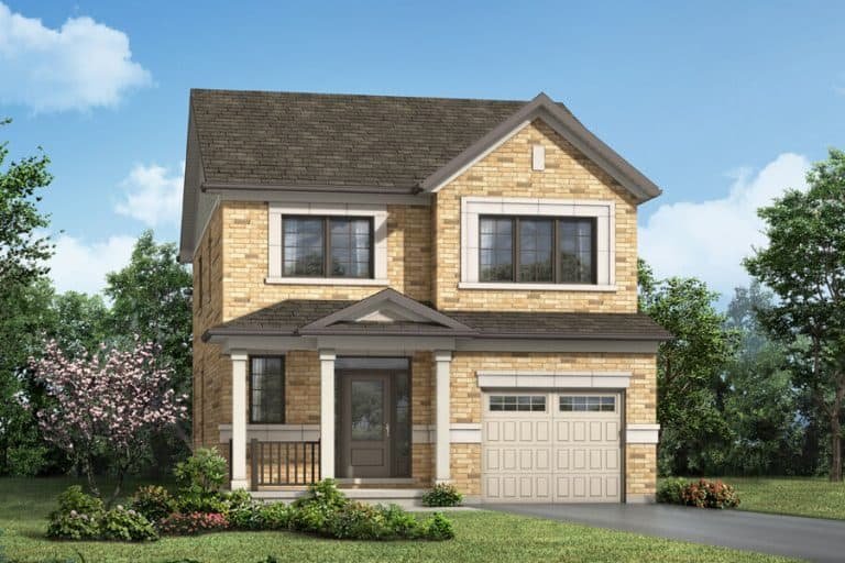 A two-story brick house, crafted by Mattamy Homes, with a peaked roof features a front porch and an attached garage. The home is surrounded by green lawns, bushes, and trees under the clear Seaton Whitevale sky. A two-story brick house, crafted by Mattamy Homes, with a peaked roof features a front porch and an attached garage. The home is surrounded by green lawns, bushes, and trees under the clear Seaton Whitevale sky.
