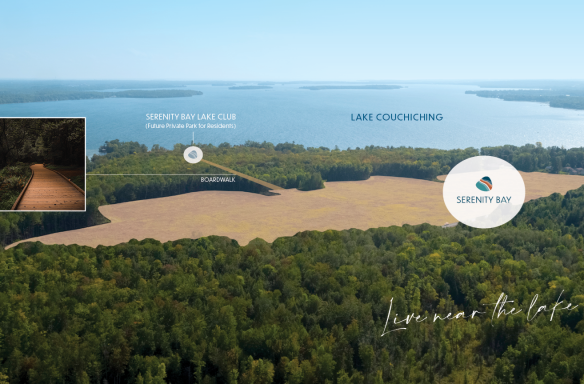 Aerial view of a wooded area at Serenity Bay near Lake Couchiching. A highlighted section showcases the boardwalk with a zoomed inset. Labels indicate "Serenity Bay Homes" and "Live near the lake.