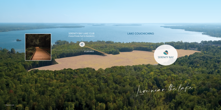 Aerial view of a wooded area at Serenity Bay near Lake Couchiching. A highlighted section showcases the boardwalk with a zoomed inset. Labels indicate "Serenity Bay Homes" and "Live near the lake.