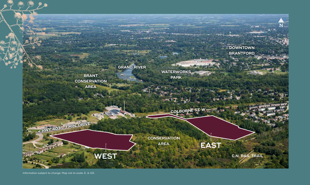 Aerial view of a landscape with two labeled sections: "West" and "East." Nearby landmarks include Brant Conservation Area, Grand River, Workworks Park, and Downtown Brantford. Highways and trails are marked amidst lush greenery. This area is ideal for pre-construction homes enthusiasts seeking nature's embrace.