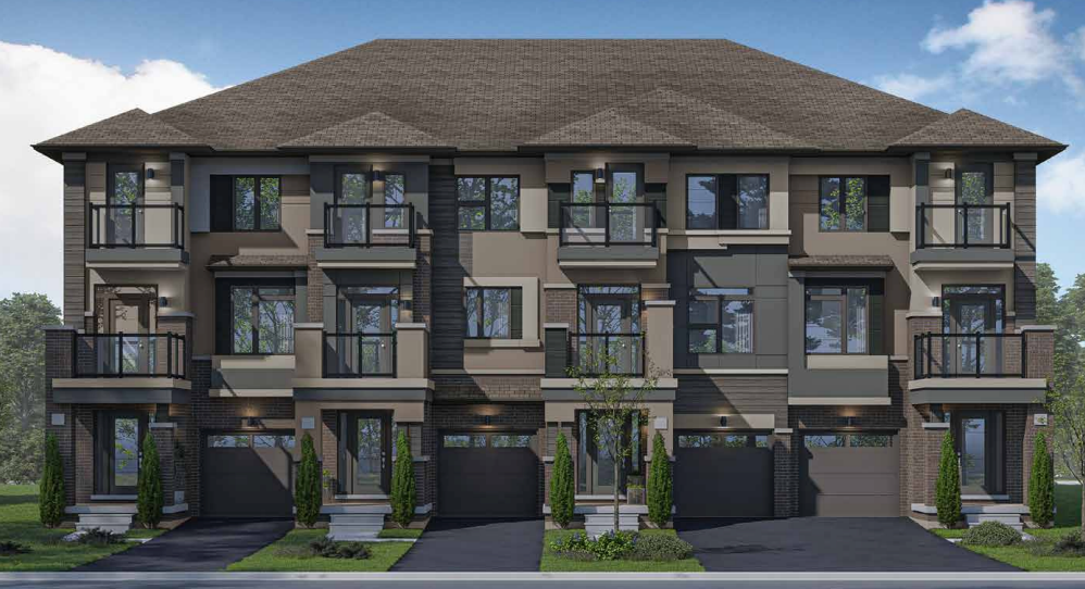 Discover a modern townhouse complex with a brown and gray facade, boasting multiple new homes. Each unit offers large windows, balconies, and individual garages. The buildings are surrounded by neatly landscaped greenery under a clear blue sky.