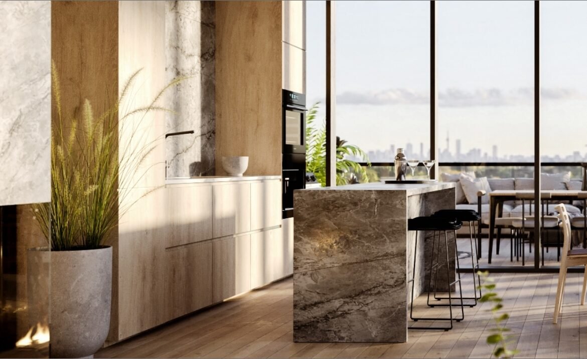 A modern kitchen features marble countertops and wood cabinetry, complemented by a potted plant. Large windows reveal stunning city skyline views. An adjacent dining area with wooden chairs and table completes this bright and open atmosphere, perfect for new homes in Brampton.