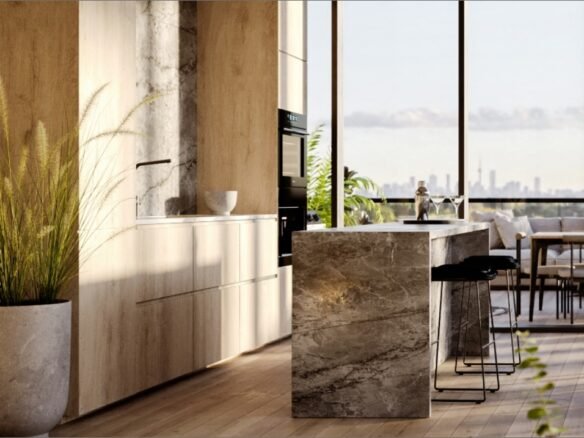 A modern kitchen features marble countertops and wood cabinetry, complemented by a potted plant. Large windows reveal stunning city skyline views. An adjacent dining area with wooden chairs and table completes this bright and open atmosphere, perfect for new homes in Brampton.