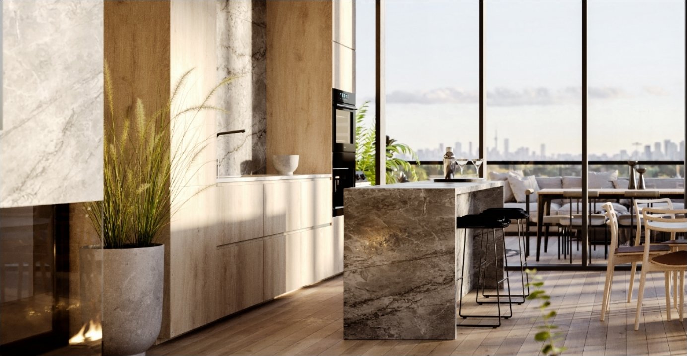 A modern kitchen features marble countertops and wood cabinetry, complemented by a potted plant. Large windows reveal stunning city skyline views. An adjacent dining area with wooden chairs and table completes this bright and open atmosphere, perfect for new homes in Brampton. A modern kitchen features marble countertops and wood cabinetry, complemented by a potted plant. Large windows reveal stunning city skyline views. An adjacent dining area with wooden chairs and table completes this bright and open atmosphere, perfect for new homes in Brampton.