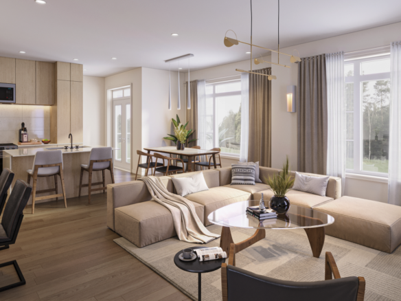 Explore this modern open-concept living room and kitchen area in new homes in Brampton, featuring light wooden flooring and neutral furnishings. A large sectional sofa complements the round glass coffee table, while natural light streams in through expansive windows with elegant curtains.