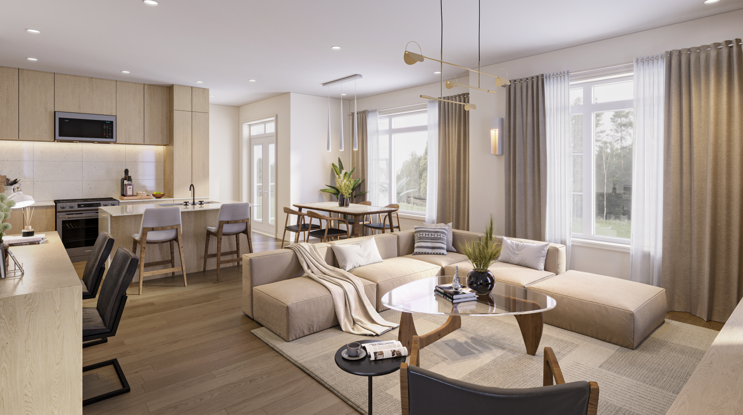 Explore this modern open-concept living room and kitchen area in new homes in Brampton, featuring light wooden flooring and neutral furnishings. A large sectional sofa complements the round glass coffee table, while natural light streams in through expansive windows with elegant curtains.