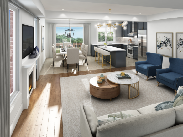 Discover the allure of new homes in Toronto with a modern open-plan living and dining area featuring a fireplace, wall-mounted TV, and elegant seating. The sleek kitchen island with bar stools complements the dining table by large windows, inviting natural light to illuminate the space.