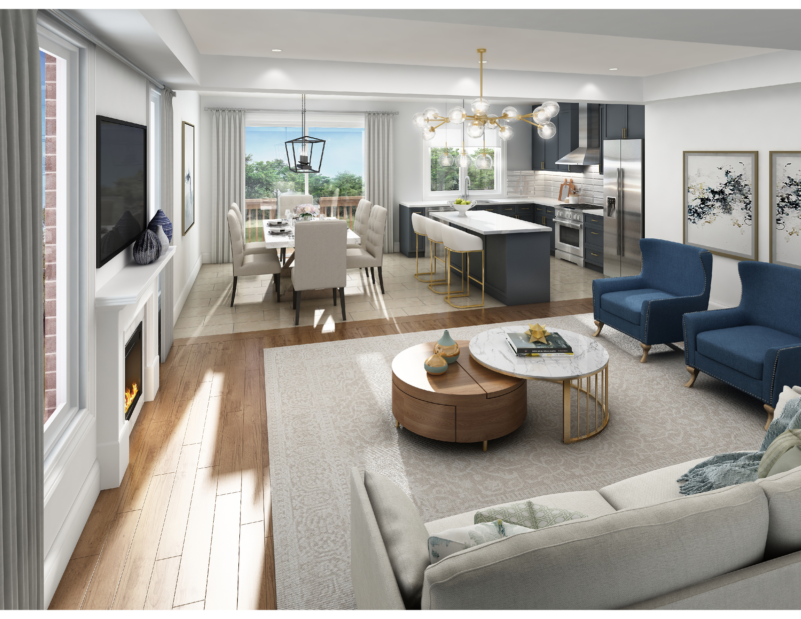 Discover the allure of new homes in Toronto with a modern open-plan living and dining area featuring a fireplace, wall-mounted TV, and elegant seating. The sleek kitchen island with bar stools complements the dining table by large windows, inviting natural light to illuminate the space.