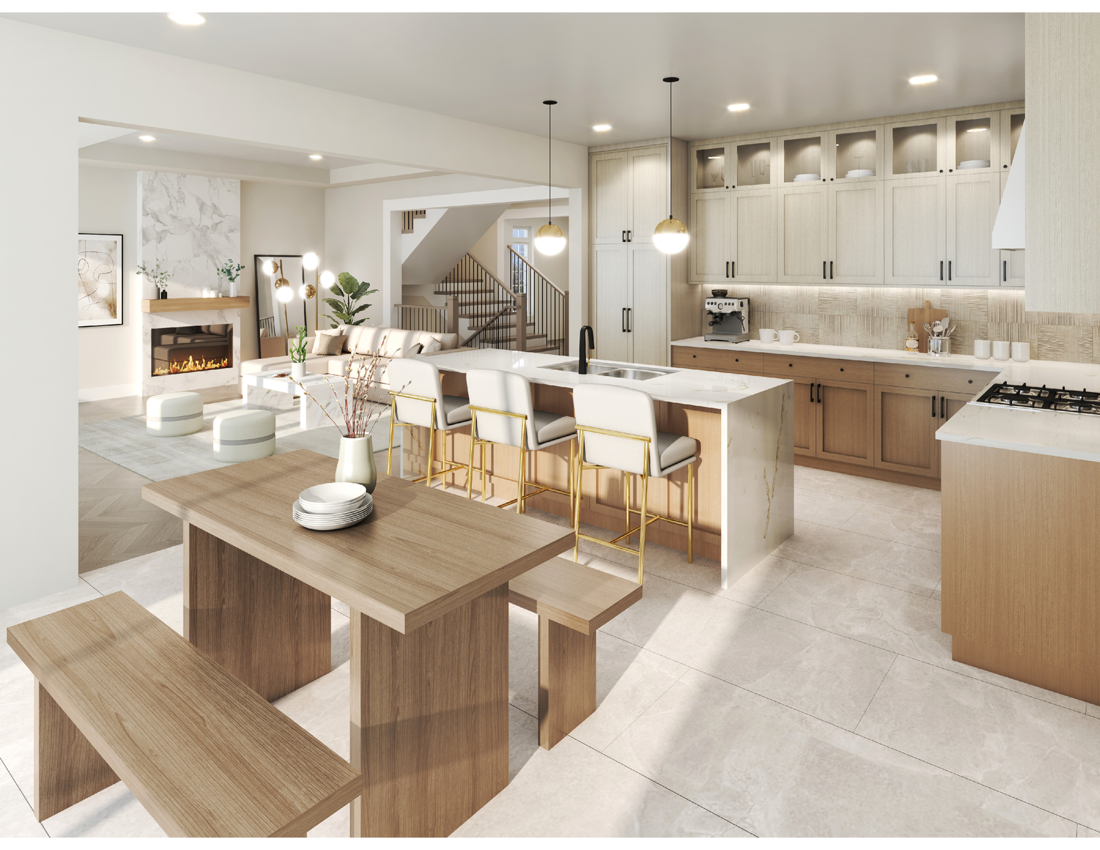 Discover the allure of new homes with a modern open-concept kitchen and living area. Enjoy light wood cabinets, marble countertops, elegant pendant lights, and a spacious island with bar stools. The cozy living space features a fireplace and stylish dining table with benches, perfect for gatherings.