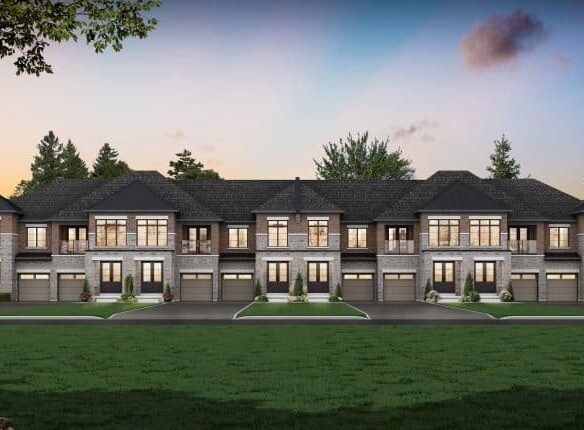 A row of Barrie Towns showcases modern townhouses with brick and stone exteriors, featuring large windows and garage doors. Set against a backdrop of trees at dusk, the sky is softly illuminated, enhancing the spacious lawn in the foreground.
