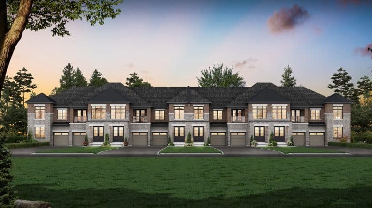 A row of Barrie Towns showcases modern townhouses with brick and stone exteriors, featuring large windows and garage doors. Set against a backdrop of trees at dusk, the sky is softly illuminated, enhancing the spacious lawn in the foreground. A row of Barrie Towns showcases modern townhouses with brick and stone exteriors, featuring large windows and garage doors. Set against a backdrop of trees at dusk, the sky is softly illuminated, enhancing the spacious lawn in the foreground.