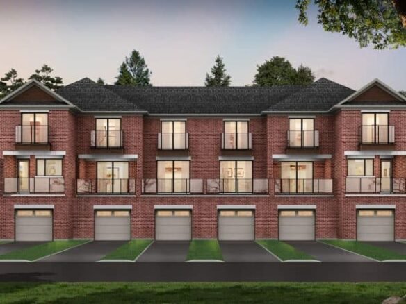 A row of three-story brick townhouses in South Barrie boasts multiple balconies, large windows, and garages on the ground floor. The scene is set at dusk, with a soft ambient light filtering through the trees around these elegant towns.