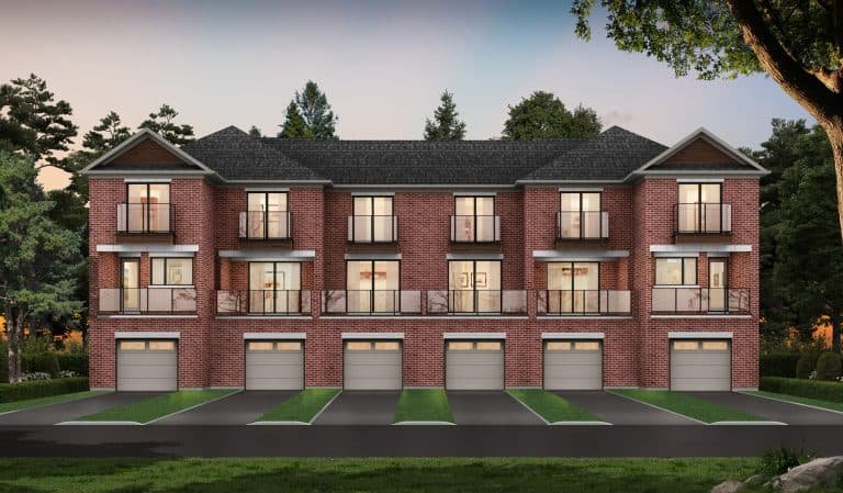 A row of three-story brick townhouses in South Barrie boasts multiple balconies, large windows, and garages on the ground floor. The scene is set at dusk, with a soft ambient light filtering through the trees around these elegant towns. A row of three-story brick townhouses in South Barrie boasts multiple balconies, large windows, and garages on the ground floor. The scene is set at dusk, with a soft ambient light filtering through the trees around these elegant towns.