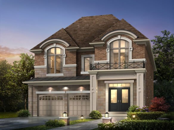 A two-story brick house with large arched windows and a front balcony stands proudly. The entrance features a dark double door, with three lit lamps lining the driveway. This elegant home is among the stunning new homes under construction in Brampton, set against a dusky blue sky hinting at sunset.