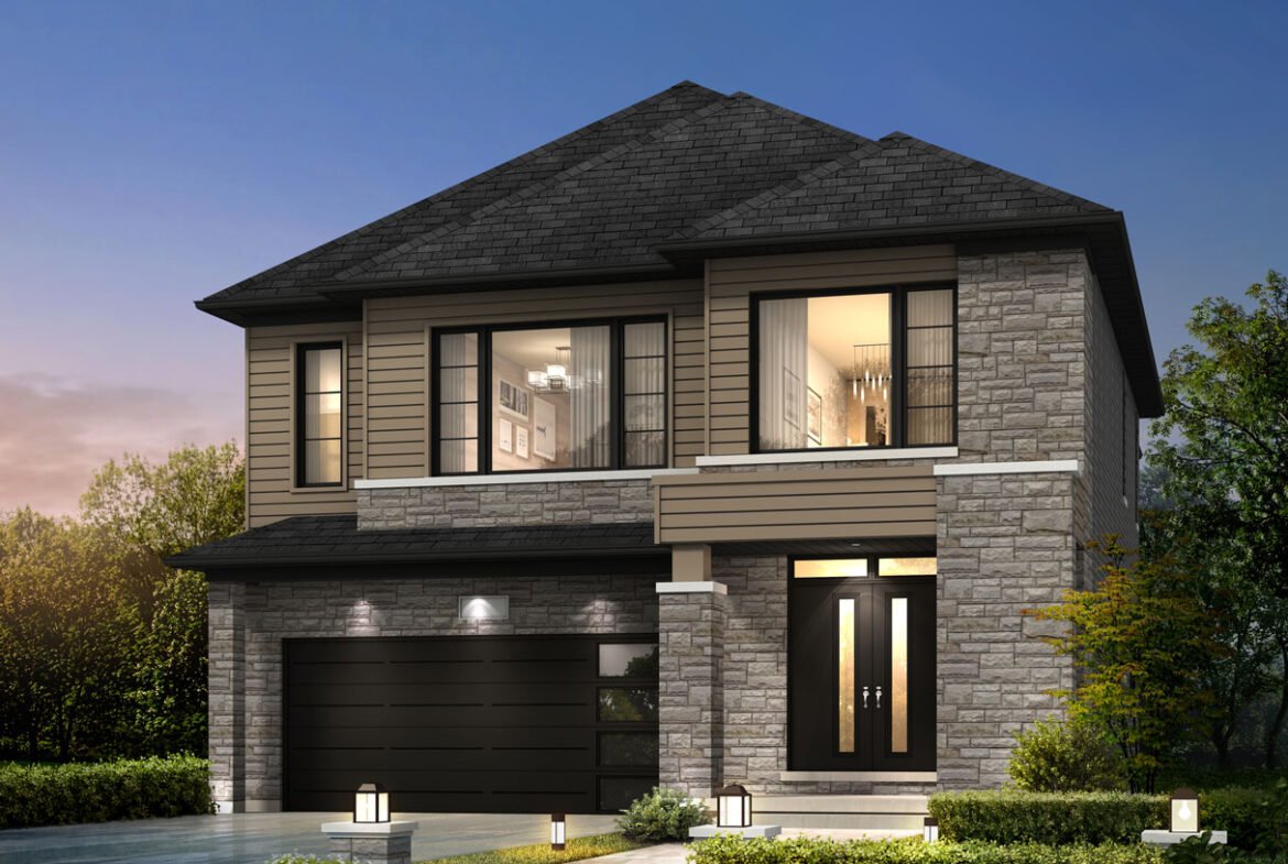 Modern two-story house with a combination of stone and siding exterior, featuring large windows and a double garage. The front yard is beautifully landscaped with bushes lit by small pathway lights. It's dusk, and the interior glows warmly—a perfect example of new homes in Brampton.
