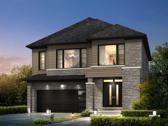 Modern two-story house with a combination of stone and siding exterior, featuring large windows and a double garage. The front yard is beautifully landscaped with bushes lit by small pathway lights. It's dusk, and the interior glows warmly—a perfect example of new homes in Brampton.