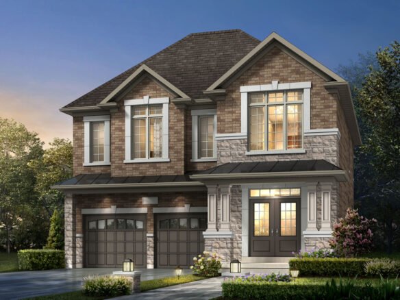 A two-story house features a brick and stone exterior, tall windows, and double garage doors. It's surrounded by a well-maintained garden and illuminated by outdoor lights at dusk. This elegant design is representative of new homes in Brampton.