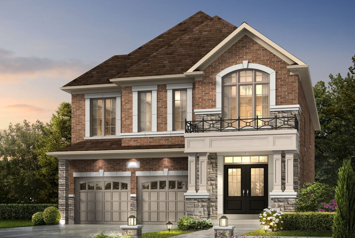 A modern two-story house with a brick exterior, large windows, and a double garage. The landscaped front yard showcases bushes and lights, while the brown roof features multiple peaks under a clear sky. Discover new homes in Brampton that offer this blend of elegance and contemporary design.