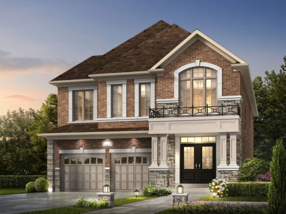 A modern two-story house with a brick exterior, large windows, and a double garage. The landscaped front yard showcases bushes and lights, while the brown roof features multiple peaks under a clear sky. Discover new homes in Brampton that offer this blend of elegance and contemporary design.