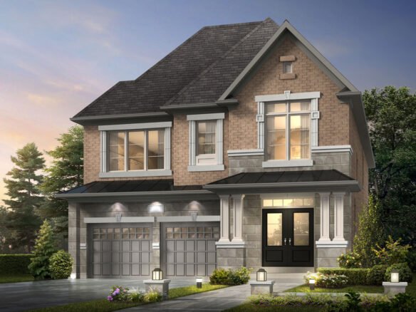 A two-story house with a triangular roof, large windows, and a brick facade, located among new homes in Brampton. It features a double garage and a well-lit entrance. The landscaped front yard has bushes and small flowers, with pathway lights leading to the door.