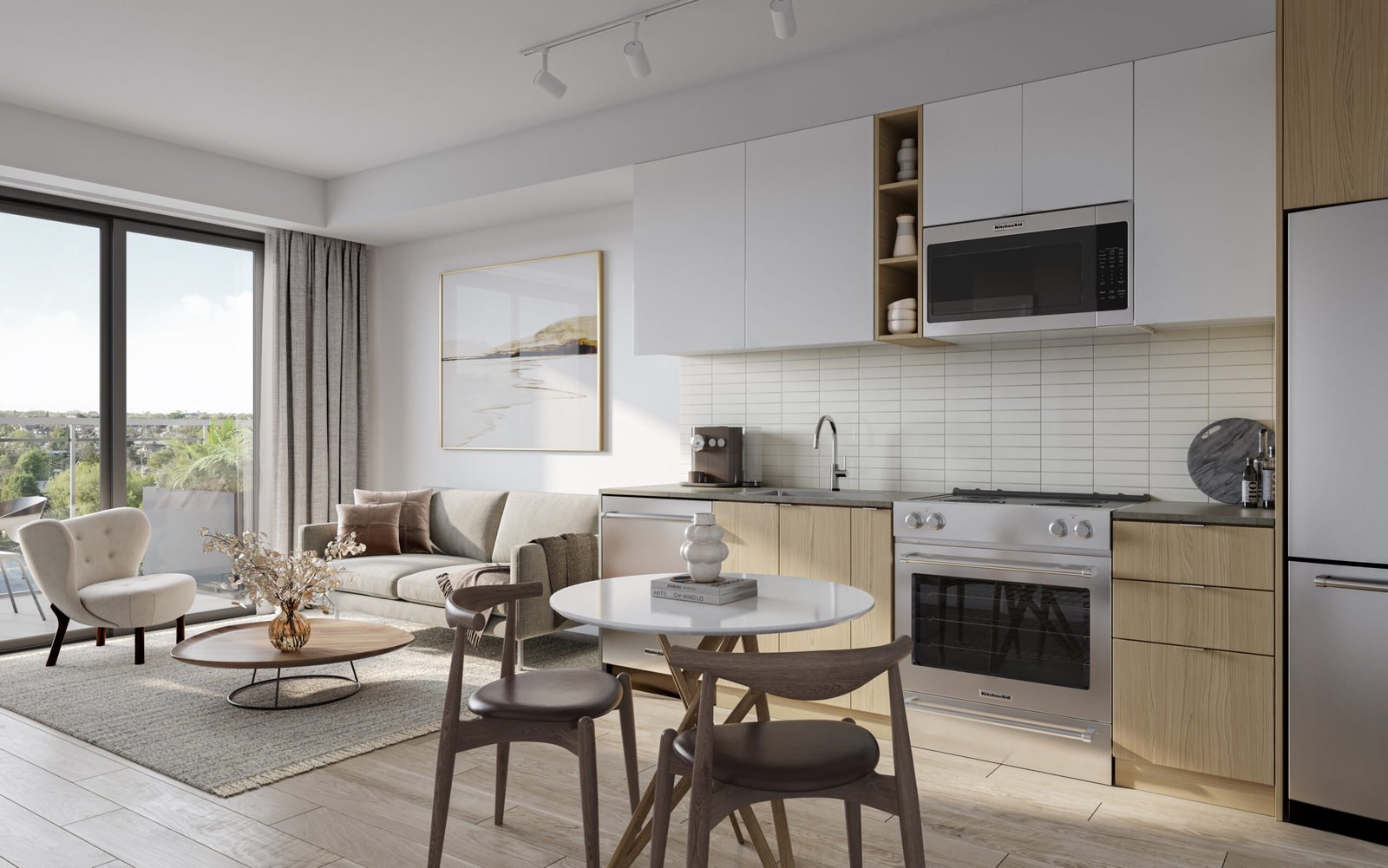 Explore the modern kitchen and living area with light wooden floors, featuring white cabinets, a stainless steel oven and microwave, and a round dining table. A large window floods the space with natural light into this cozy haven, ideal for new homes in Toronto.
