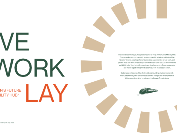 Discover Milton's Future Mobility Hub with its strategic location and excellent connectivity. The text-heavy image highlights "Live Work Play" alongside a stylized circular graphic and logo at the bottom. Explore opportunities with new homes in Toronto for a seamless blend of modern living and innovation.