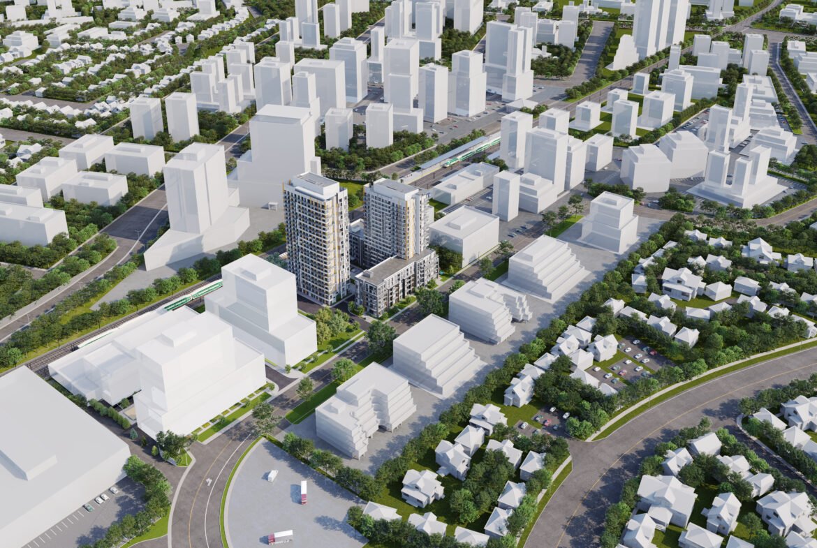 Aerial view of a modern cityscape with numerous white high-rise buildings and green spaces. Roads crisscross the area, and clusters of smaller structures are scattered throughout, surrounded by trees and residential areas. Discover new homes in Toronto amidst this urban landscape.