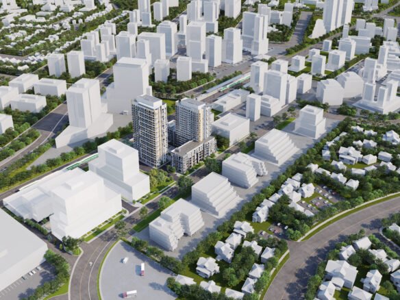Aerial view of a modern cityscape with numerous white high-rise buildings and green spaces. Roads crisscross the area, and clusters of smaller structures are scattered throughout, surrounded by trees and residential areas. Discover new homes in Toronto amidst this urban landscape.