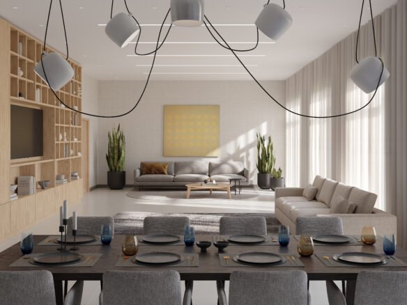 Discover this contemporary living and dining room, perfect for new homes in Toronto. A spacious table set for eight complements the beige sectional sofa, built-in wooden shelving with a TV, tall plants, and a striking painting. Large windows with sheer curtains invite an abundance of natural light.