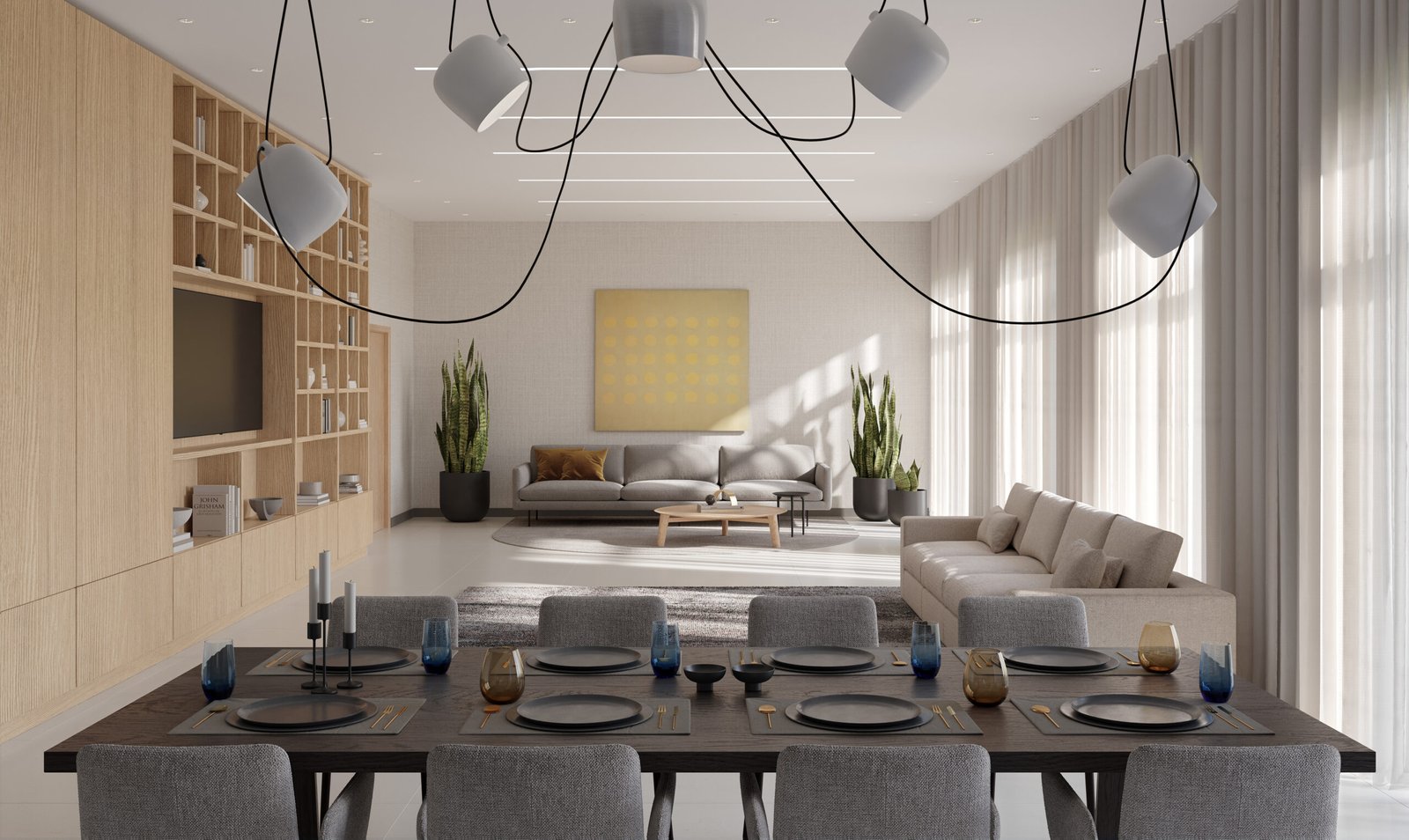 Discover this contemporary living and dining room, perfect for new homes in Toronto. A spacious table set for eight complements the beige sectional sofa, built-in wooden shelving with a TV, tall plants, and a striking painting. Large windows with sheer curtains invite an abundance of natural light.