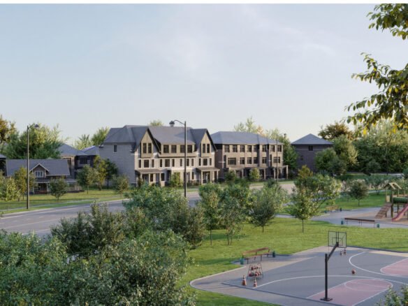 A row of modern townhouses surrounded by greenery is seen across the street from a park. This inviting area features basketball courts and a playground, with trees scattered throughout under a clear sky. These new condos in the GTA offer an ideal blend of nature and urban living.