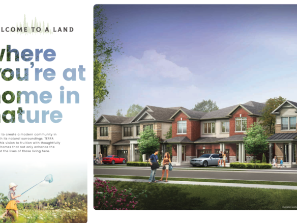 A picturesque suburban street with rows of modern townhouses, surrounded by green lawns and trees under a clear blue sky. In the foreground, a person walks on the sidewalk. The text reads "where you're at home in nature," highlighting new homes in Brampton for those looking to settle in serene spaces.