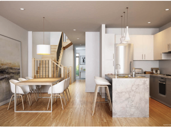 Explore the modern kitchen, featuring wooden floors and a marble-top island with bar stools. A dining table with white chairs is complemented by pendant lights and a sleek staircase. Neutral tones and minimalistic design enhance the airy ambiance, perfect for new homes in Brampton.
