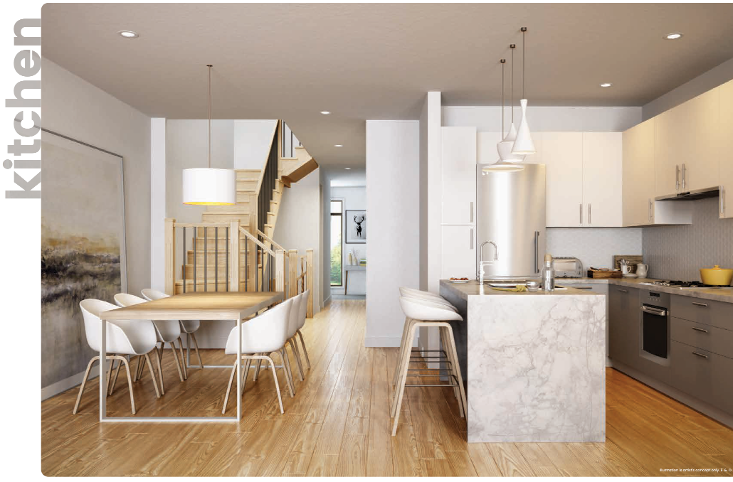 Explore the modern kitchen, featuring wooden floors and a marble-top island with bar stools. A dining table with white chairs is complemented by pendant lights and a sleek staircase. Neutral tones and minimalistic design enhance the airy ambiance, perfect for new homes in Brampton.