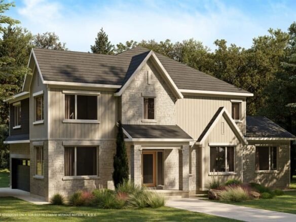 A two-story house with a modern design features a stone facade and large windows. Surrounded by a grassy lawn and trees maintained by an ecological conservancy, sunlight casts shadows across the front. The sky is clear, suggesting a bright day.