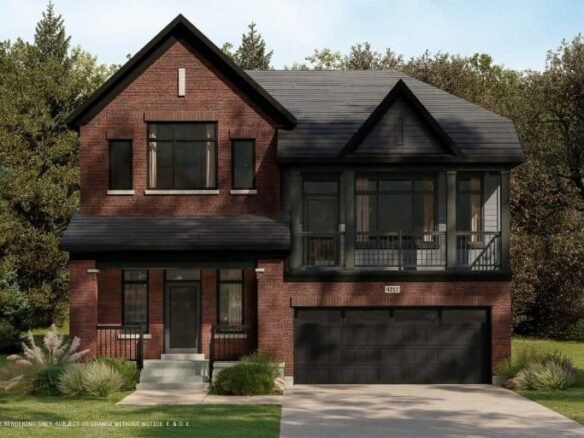 A modern two-story brick house with large windows and a double garage is nestled in a conservancy of lush greenery and trees. It boasts a small yard at the front, complemented by its peaked roof and inviting front porch with steps.