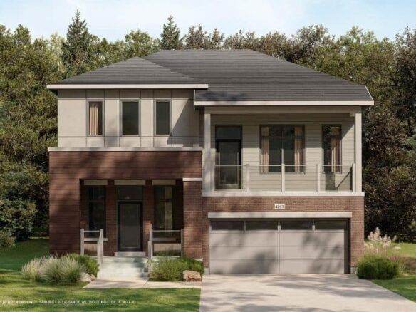 This modern two-story house boasts a brick and light-colored facade, large windows, and a two-car garage. Nestled amid trees on a neatly landscaped lawn, it beautifully harmonizes with its surroundings, reflecting the spirit of conservation.