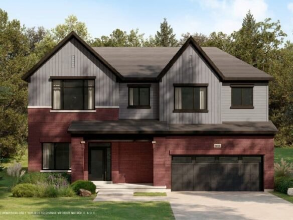 A modern two-story house with red brick and gray siding, featuring large windows and a double garage. The property is nestled in a lush conservancy, surrounded by green grass, trees, and shrubs under a partly cloudy sky.