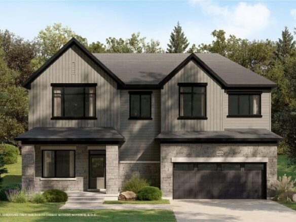 A two-story house with grey siding and a dark roof, nestled within The Conservancy. It features a double garage and black-trimmed windows, surrounded by green shrubs and trees under a blue sky.