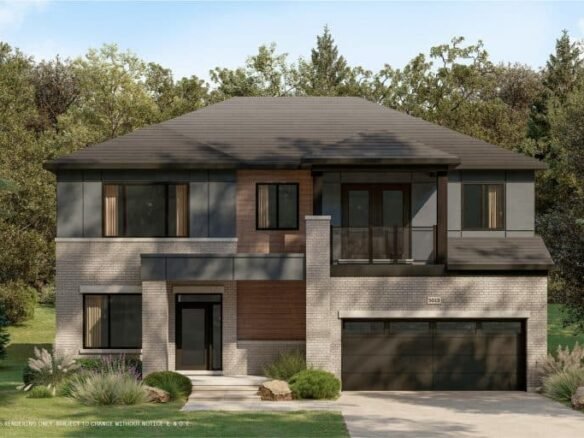 A modern two-story house in The Conservancy boasts a blend of brick and wood exterior, large windows, and a black garage door. Nestled amid lush greenery and trees, this tranquil residence sits under a clear blue sky.