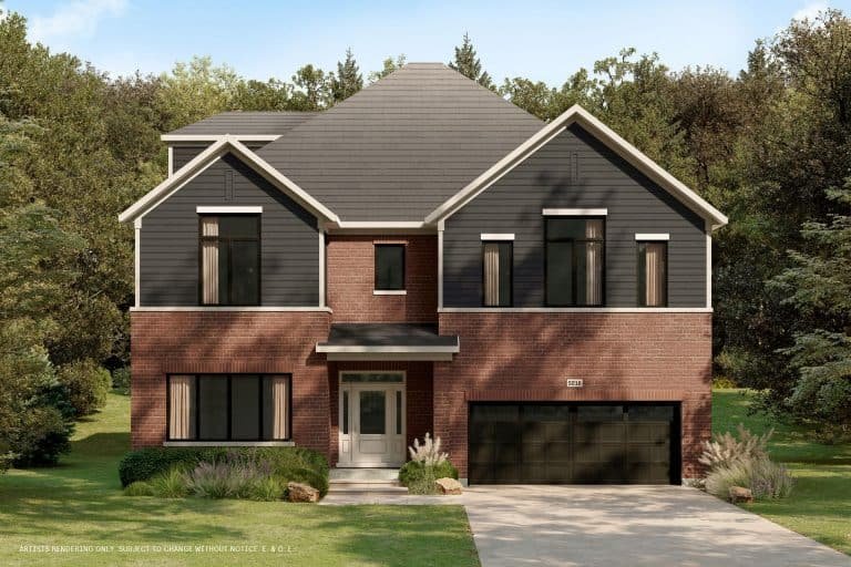 A modern two-story house with a stunning blend of black and brick exterior sits amidst a conservancy of lush green trees, under a clear blue sky. It features large windows, a dark garage door, and a manicured lawn adorned with shrubs in front.