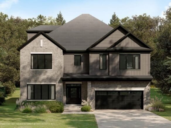 A modern two-story house in The Conservancy boasts gray brick and dark siding, with large windows and a double garage. The landscaped front yard, framed by trees, enhances the serene setting. With clear skies above, it’s a perfect day to appreciate this idyllic sanctuary.