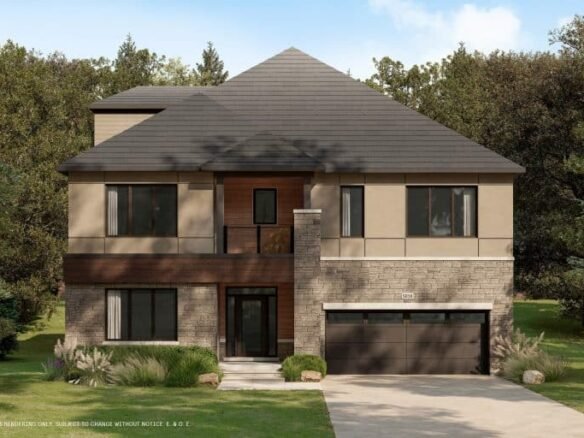 A modern two-story house with a blend of brick and stucco exterior, a dark roof, and large windows. It features a double garage and is surrounded by grass, shrubs, and trees under a clear blue sky, reflecting the surrounding conservancy's natural beauty.