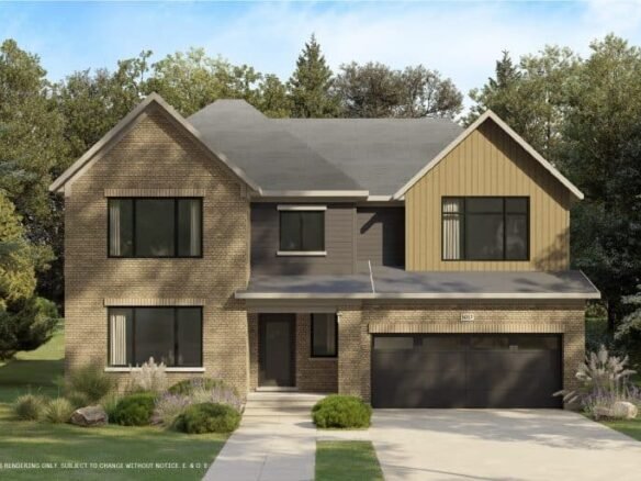 A two-story modern suburban house with a mix of brick and wood siding. It has large windows and a dark gray roof. The driveway leads to a double garage. The front yard, resembling a conservancy, features grass, shrubs, and small trees surrounded by wooded area in the background.